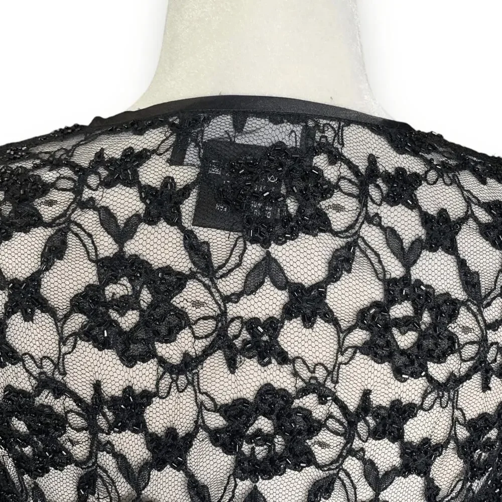 Vintage Laurence Kazar Black Beaded Lace Sheer Open Front Evening Jacket Romance